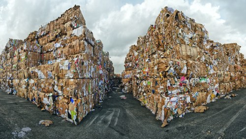 Two large, tightly packed stacks of flattened cardboard boxes and paper waste are positioned on a paved outdoor area, likely part of a commercial waste collection site in West Wickham. The cardboard exhibits a range of brown shades, some with visible corrugated textures, and is interspersed with printed and coloured paper materials, including labels and packaging sheets. The stacks are arranged in parallel, bordered by a narrow pathway in the middle, and extend upwards to several meters, creating an imposing visual of bulk waste awaiting removal. In the background, a grey, cloud-filled sky provides a neutral tonal backdrop, emphasizing the scale of the waste piles. The environment appears to be an industrial or storage area, with the ground made of dark asphalt, suitable for heavy-duty waste handling. This image reflects commercial waste management activities, particularly the collection and disposal of bulky cardboard and paper debris, which companies like Commercial Waste West Wickham handle regularly as part of their rubbish removal services in the local area.